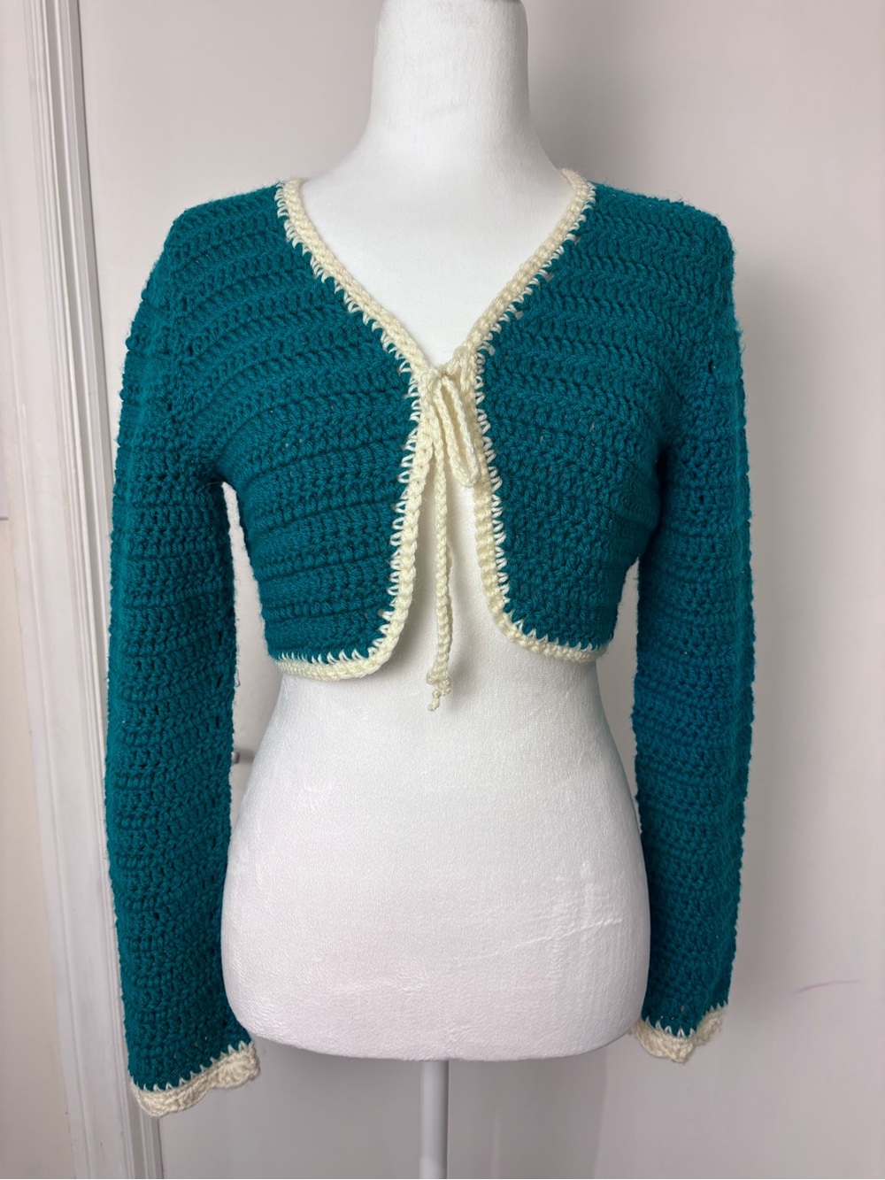 Teal Cropped Tie-Front Cardigan